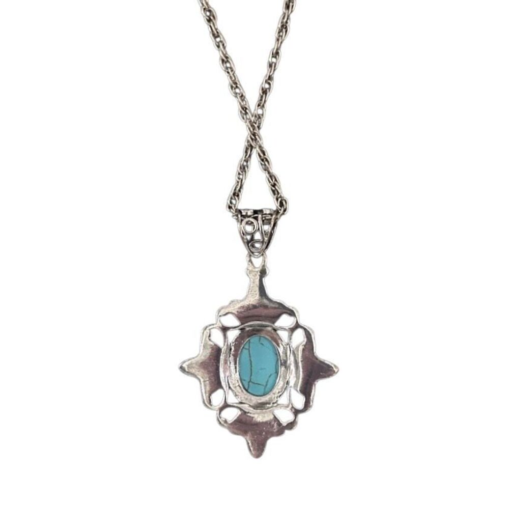 Vintage Pendant Necklace Women's Silver-tone Chain Turquoise Cabochon Center - Picture 8 of 9